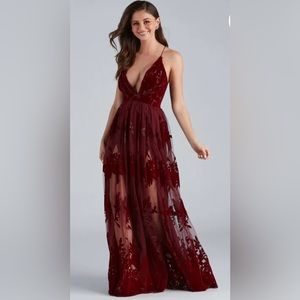Windsor Morgan formal flocked velvet dress in burgundy.